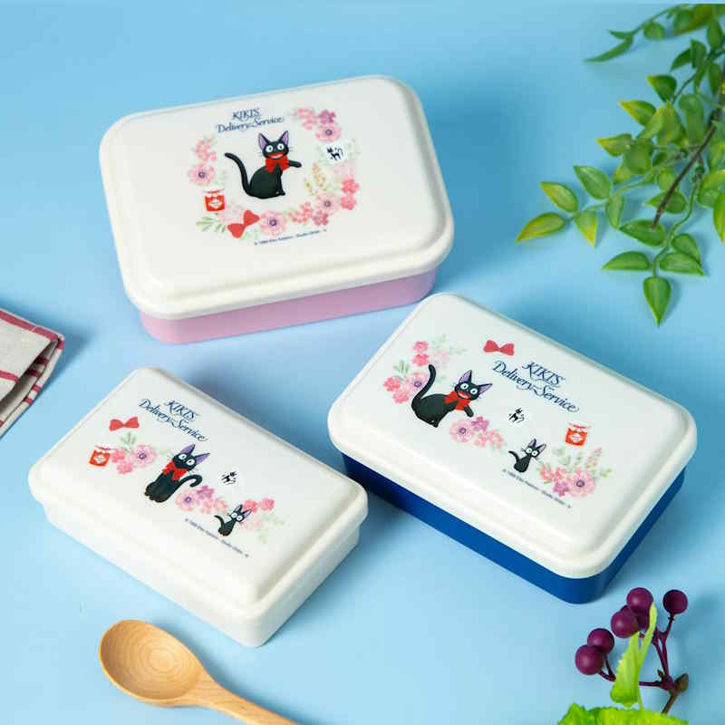 Trio de boîtes à lunch japonaises Kiki la petite sorcière avec motifs de Jiji le chat.