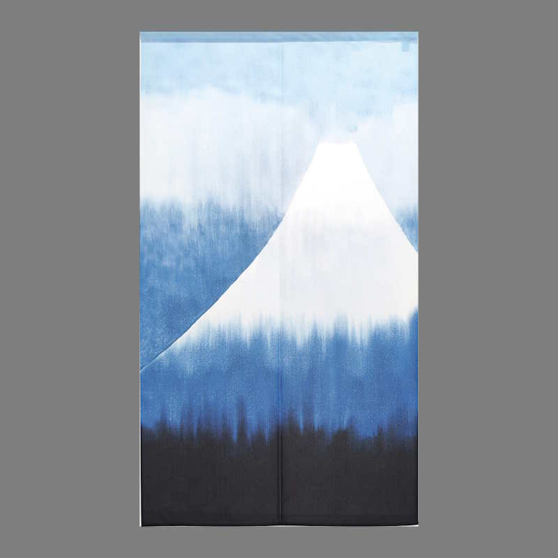 Noren japonais avec illustration stylisée du mont Fuji dans des tons de bleu et blanc