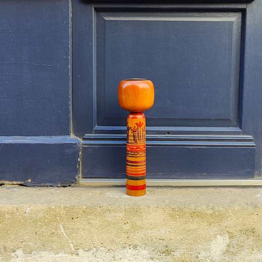 Poupée Kokeshi XL - Rayures et Fleurs / Vintage