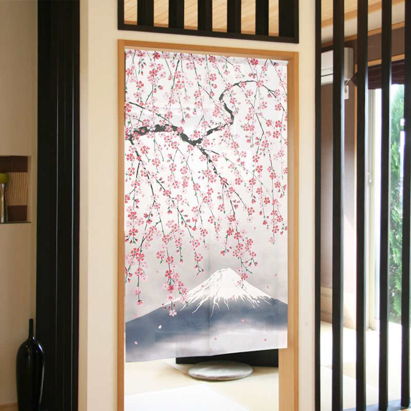 Noren japonais avec motif de cerisiers en fleurs et montagne Fuji