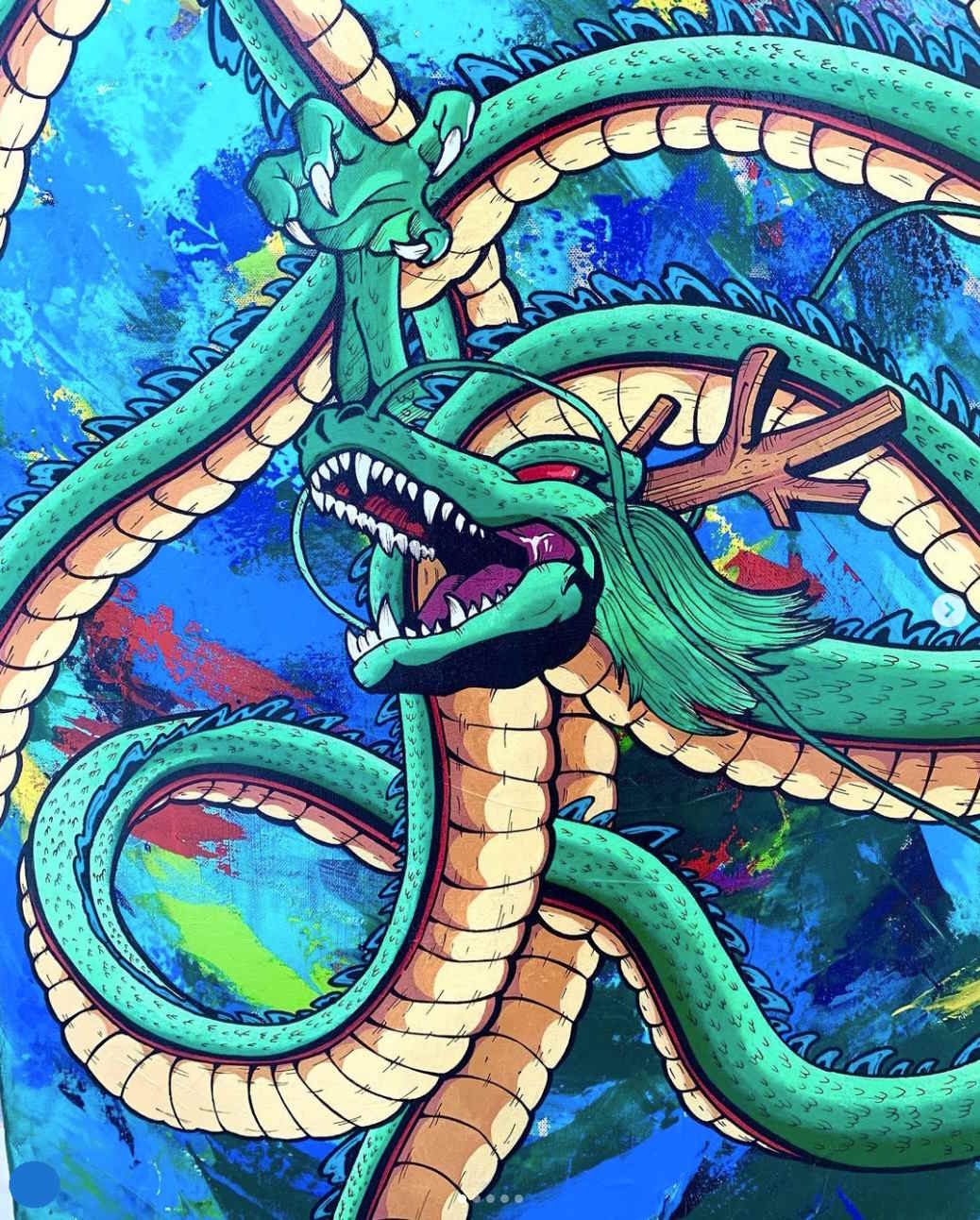 Illustration colorée d'un dragon japonais stylisé sur fond bleu abstrait.