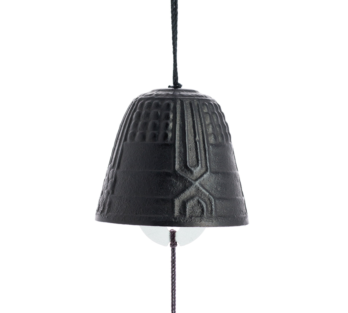 Cloche Furin japonaise en métal noir avec motifs en relief et clochette blanche