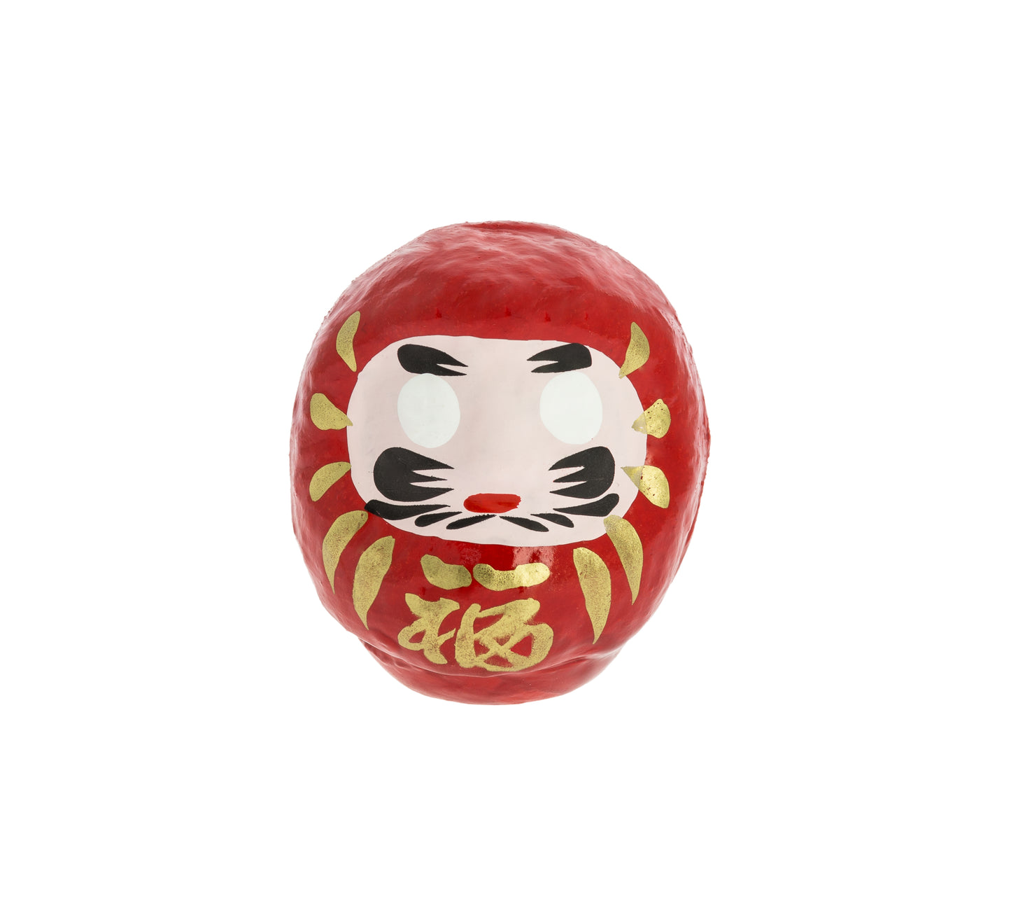 Daruma rouge traditionnel japonais avec détails dorés sur fond blanc