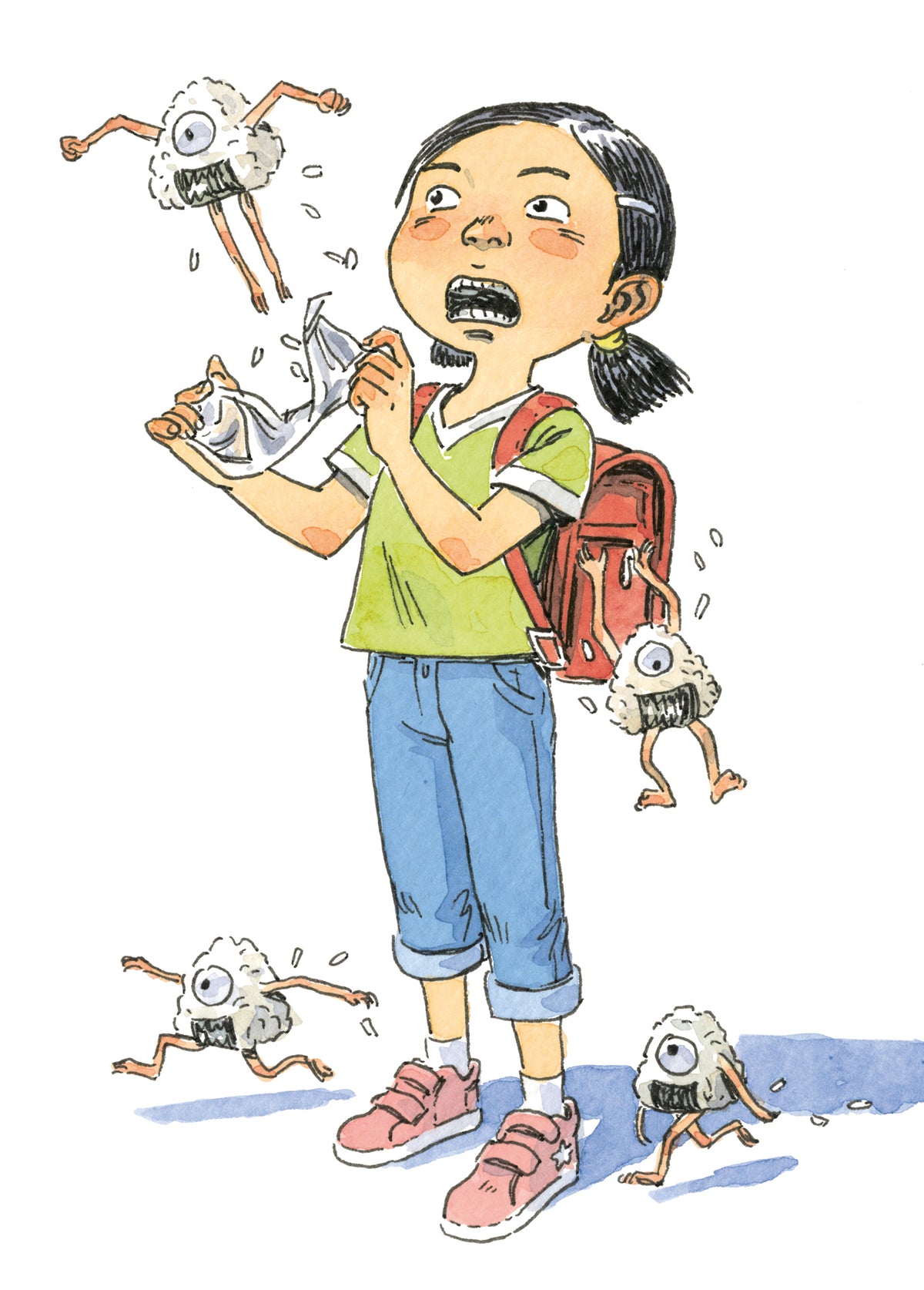 Illustration d'une jeune fille surprise entourée de petites créatures fantastiques monochromes.