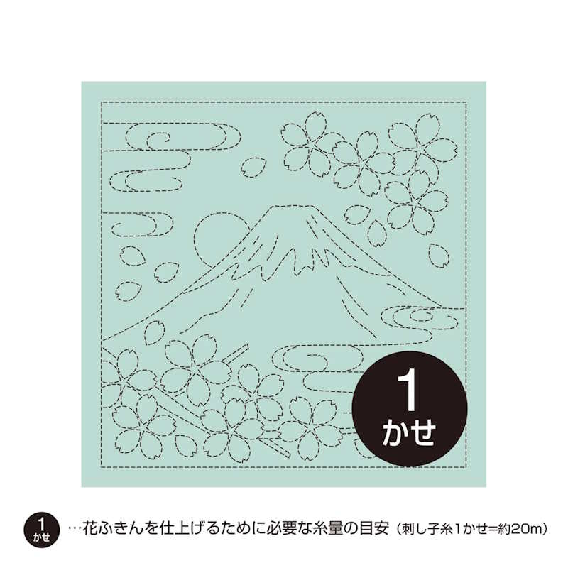 Kit de broderie japonaise avec motif du mont Fuji et fleurs de cerisier sur tissu bleu pâle.